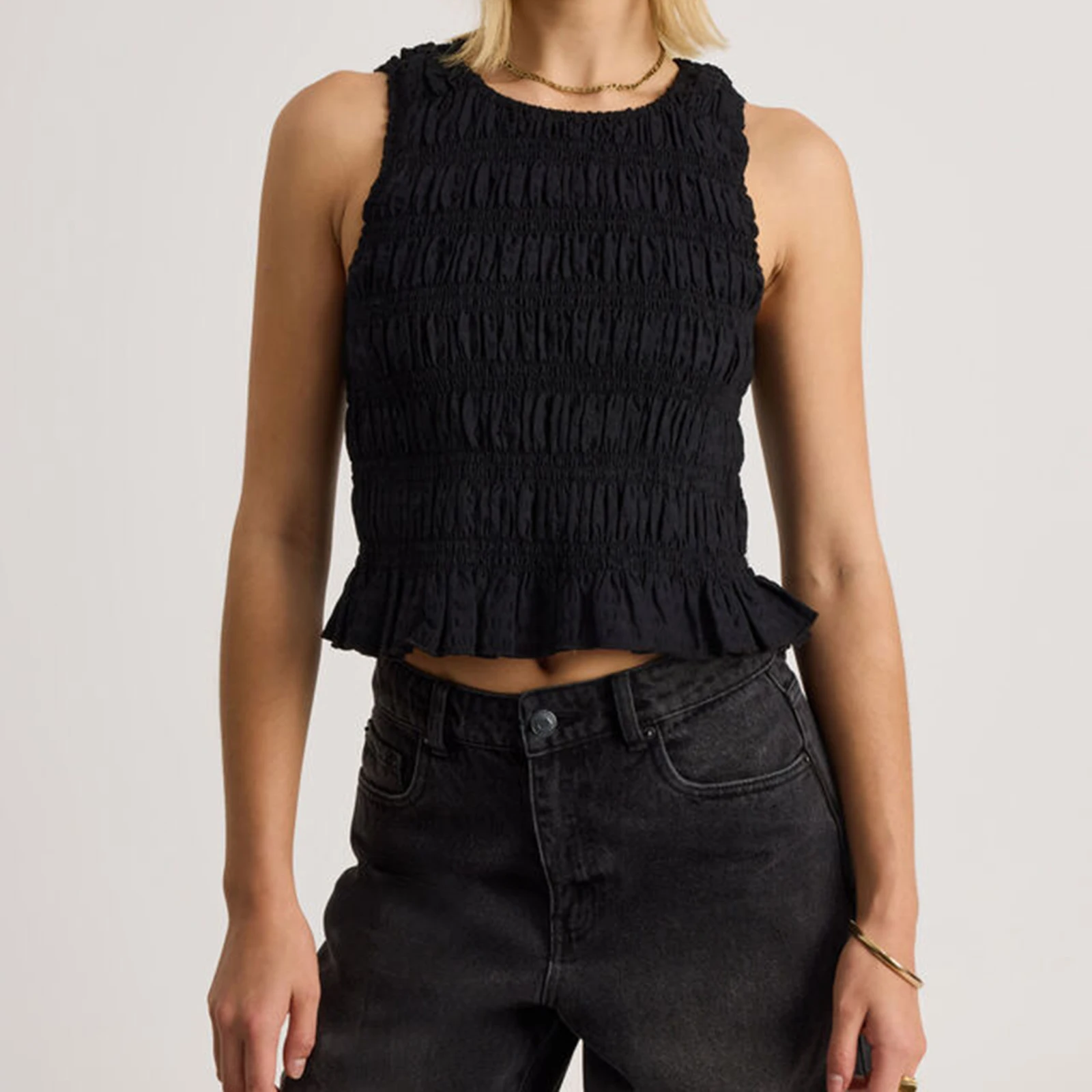 New Fashion Womens Summer Ruched Vests Sleeveless O Neck Solid Color Plaid Peplum Tank Tops Hot Sale S-XL