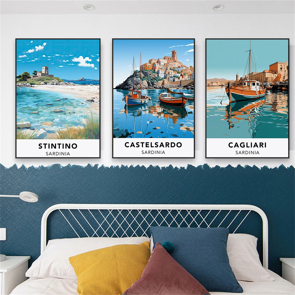 

Sardinia Wall Art Colorful Travel Poster Castelsardo Landscape Print Retro Stintino Canvas Painting Home Reading Room Decoration