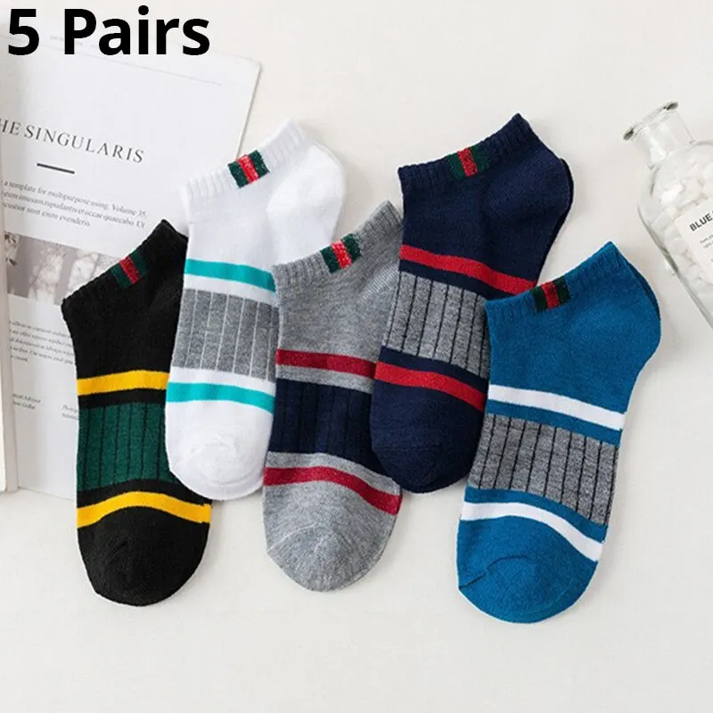 5 Pairs Of Mens Casual Boat Socks Simple Sweat Absorbing Breathable Vertical Bar Parallel Bars Ovement Tube Socks