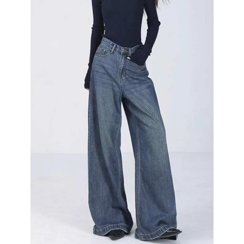 

Y2K Style Retro High-waisted Jeans For Women Fall Fashion Wide-leg Jeans Blue Korean High Quality Mom Women's Denim Pants