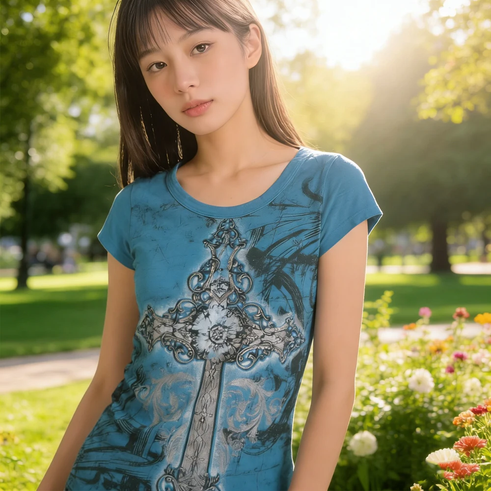 Estetica Harajuku Stampa grafica Manica corta Top Moda Retro T-shirt Vintage Grunge Streetwear Estate Tempo libero Blu Tee 2000s