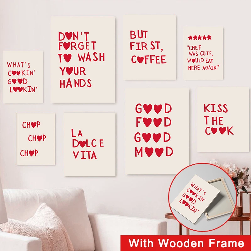 مؤطرة الجمالية المطبخ الأبجدية جدار الفن الأحمر الحب عبارة لطيف الطبخ المشارك موجة جديدة قماش اللوحة ديكور المنزل المطبخ #3