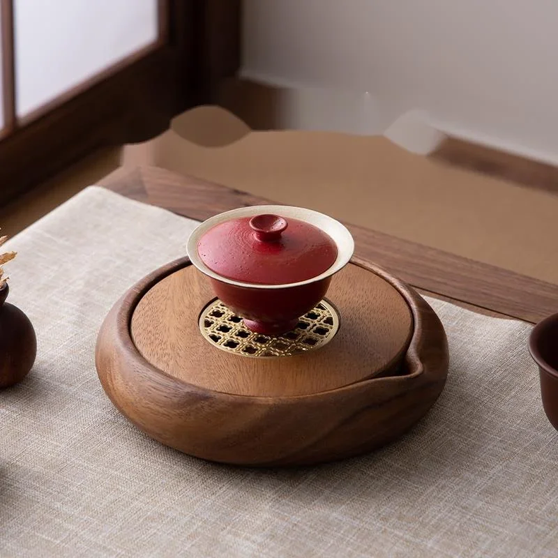 

Retro Walnut Water Storage Tea Tray Chinese Creative Small Dry Bubble Table Household Solid Wood Round Tea Tray Pot Mat