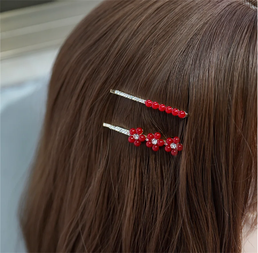 دبوس شعر أحمر بالزهور غطاء رأس ، دبوس شعر بكلمة واحدة ، مشبك شعر لطيف ، دبوس شعر كريستالي ، إكسسوارات شعر مكسورة ، جديدة