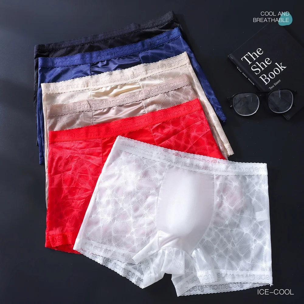 Herren-Boxershorts mit niedrigem Bund, Eisseide, Spitzenbesatz, transparentes Mesh, atmungsaktiv, dünn, Sommerunterwäsche für Herren, große Größen