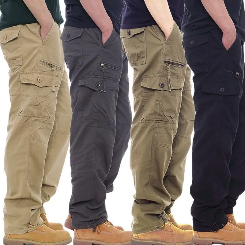 Mens Cargo Pants 2023 New Spring Autumn Harajuku Style Cotton Straight Casual Pants Elastic Waist Loose Wide Leg Trousers W52