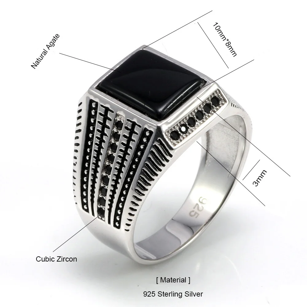 925 Sterling Silver Rings For Men Black Green Red Natural Onyx Stone Square Shape Zirconia Inlaid Turkish Jewelry