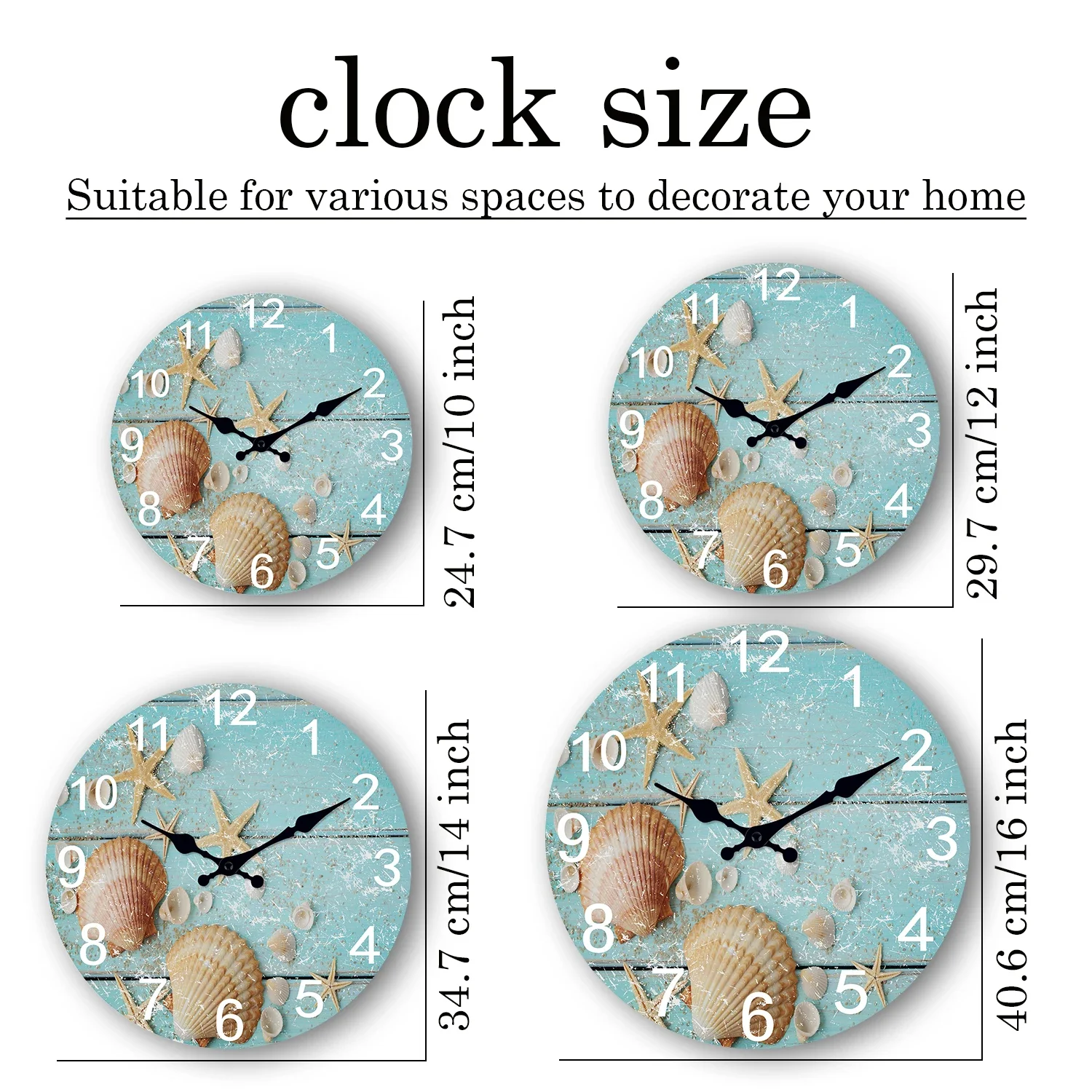 Beach Sea Starfish Shells Blue Wall Clocks Non Ticking for Girl Boy Bedroom Bathroom Kitchen Living Room Office Round Clock