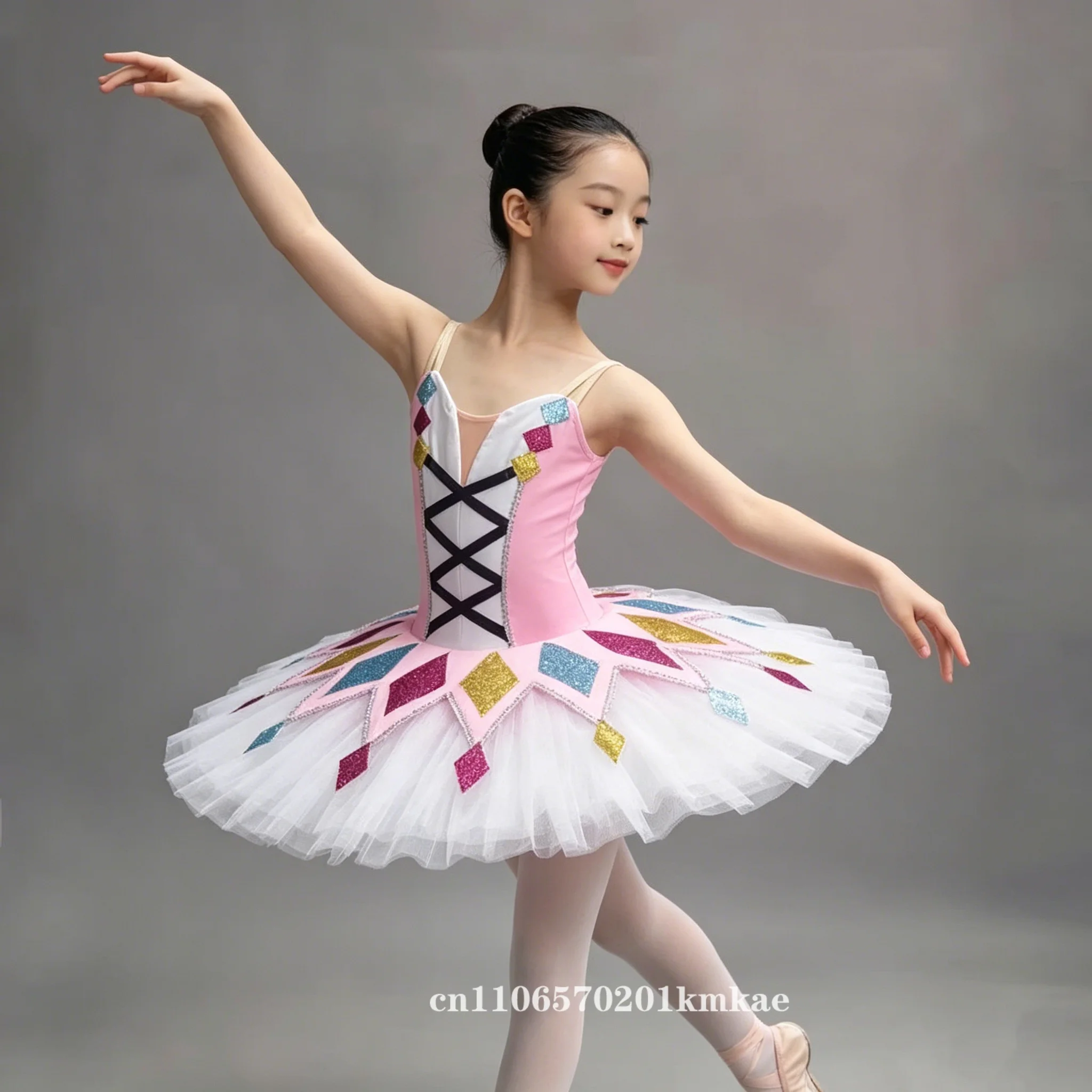 Colorful Geometric Ballet Tutu Dress For Women Kids, Pink White Pancake Tutu With Glitter Patterns, Professional Ballerina Costu