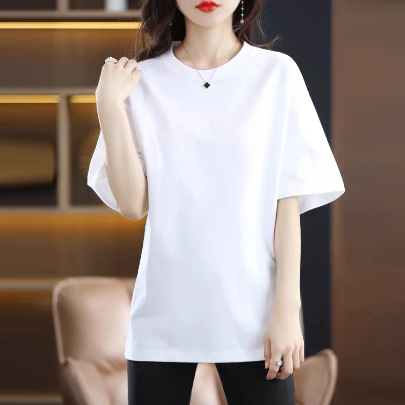 

High Quali Women's ort Sve T-irt Pure Cotton Loose Fit White Top Summer New Arrival Comfortable Breathable round Ne