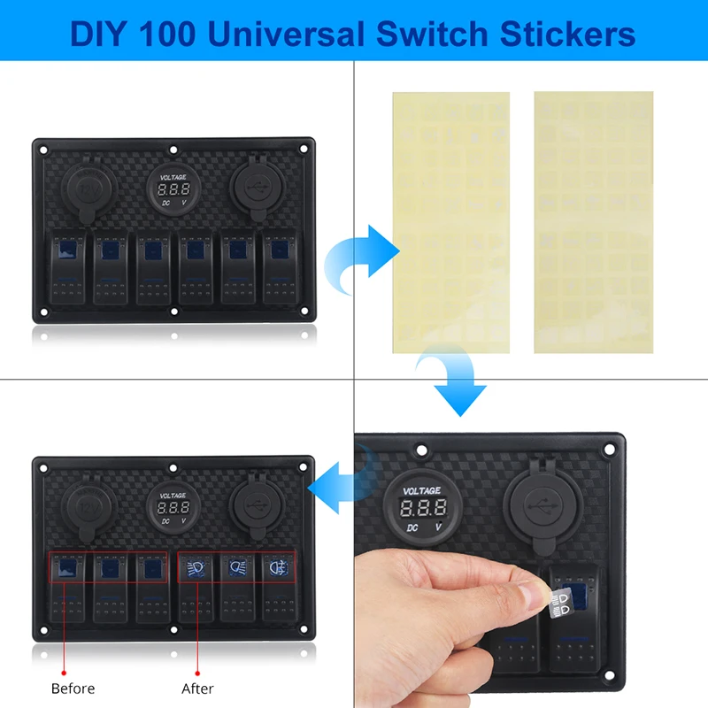 6 عصابة لوحة التبديل المقبس الفولتميتر الرقمي 12 فولت محول الطاقة المزدوج USB LED عرض الروك لوحة الألومنيوم لسيارة مركبة بحرية RV