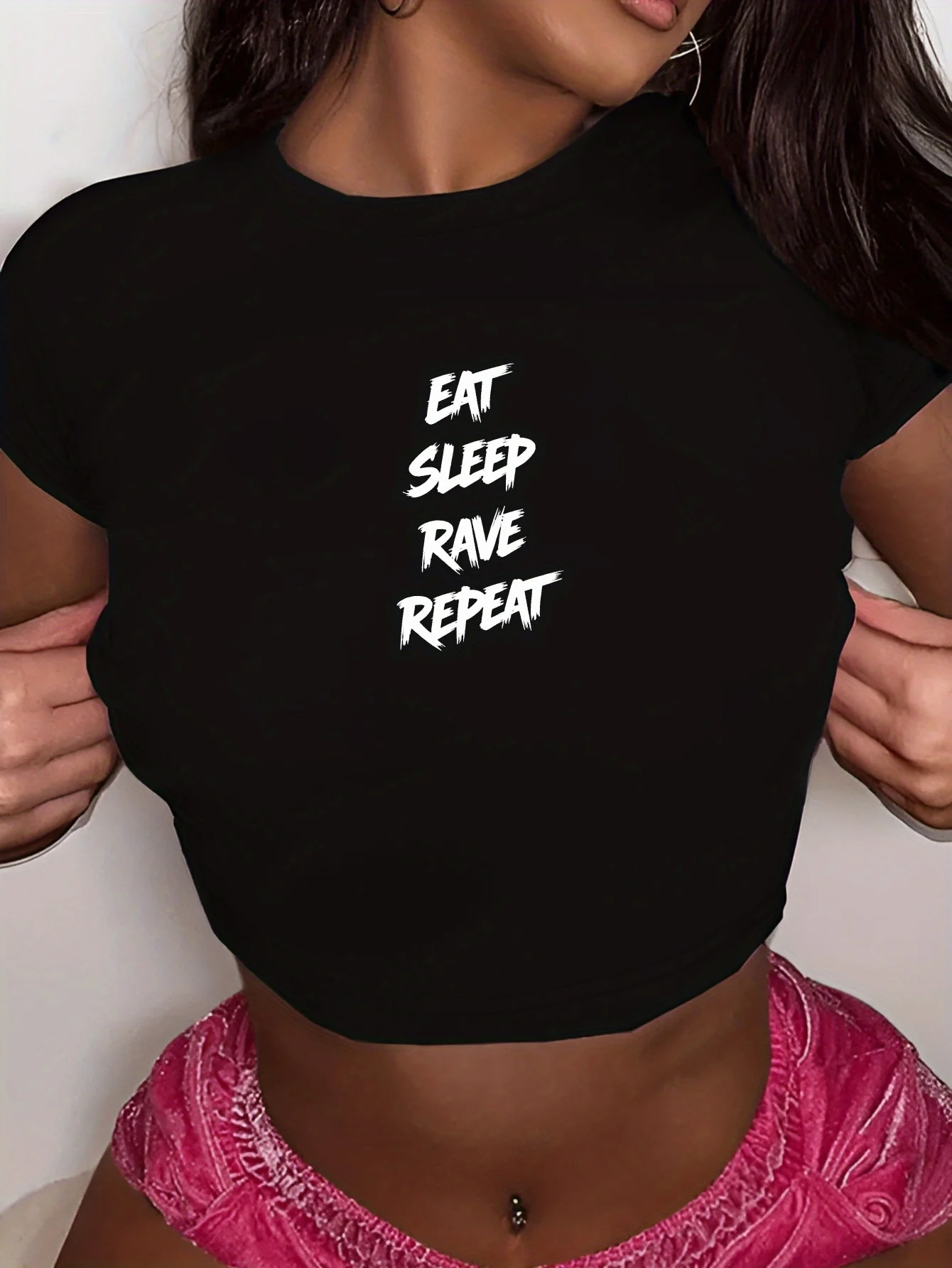 Eat Sleep Rave Repeat Spicy Girl Casual Street Wear Umbilical Top Spring/Summer Harajuku Short Sleeve Short T-shirt