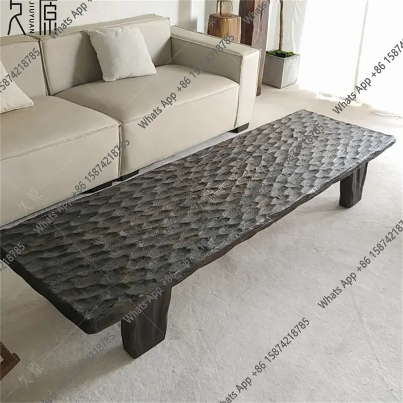 Mesa de Centro de Madera Maciza Tallada N64 Wabi Sansi, Mesa Auxiliar de Sofá para Sala de Estar, Mesa de Té de Diseño Medieval, Adorno Lateral para Sofá