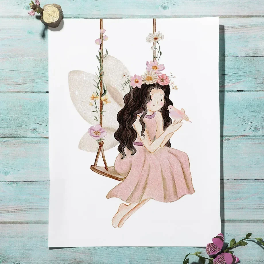 لوحة فنية على القماش ، بجعة وردية ، قوس قزح ، ملاك ، زهرة ، مخصص ، اسم طفل ، روضة أطفال ، طباعة ملصق ، غرفة فتاة ، ديكور منزلي