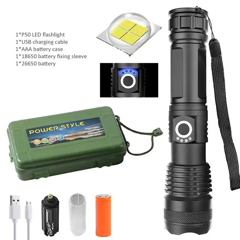 Linterna Led recargable XHP50 de alta potencia, antorcha de 4 núcleos, Zoom, Linterna de mano Usb para acampar, uso al aire libre y de emergencia