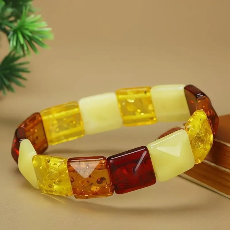 Second-generation Amber Beeswax Square Bracelet Multi-color Splicing Retro Style Daily Handicrafts