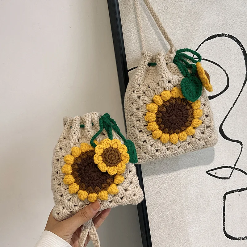 Ins Small Fresh Finished Handmade Knitted Bag Fashions Wool Bag Cute Sunflower Children Crossbody Bag Cell Phone Bag Kids Gifts