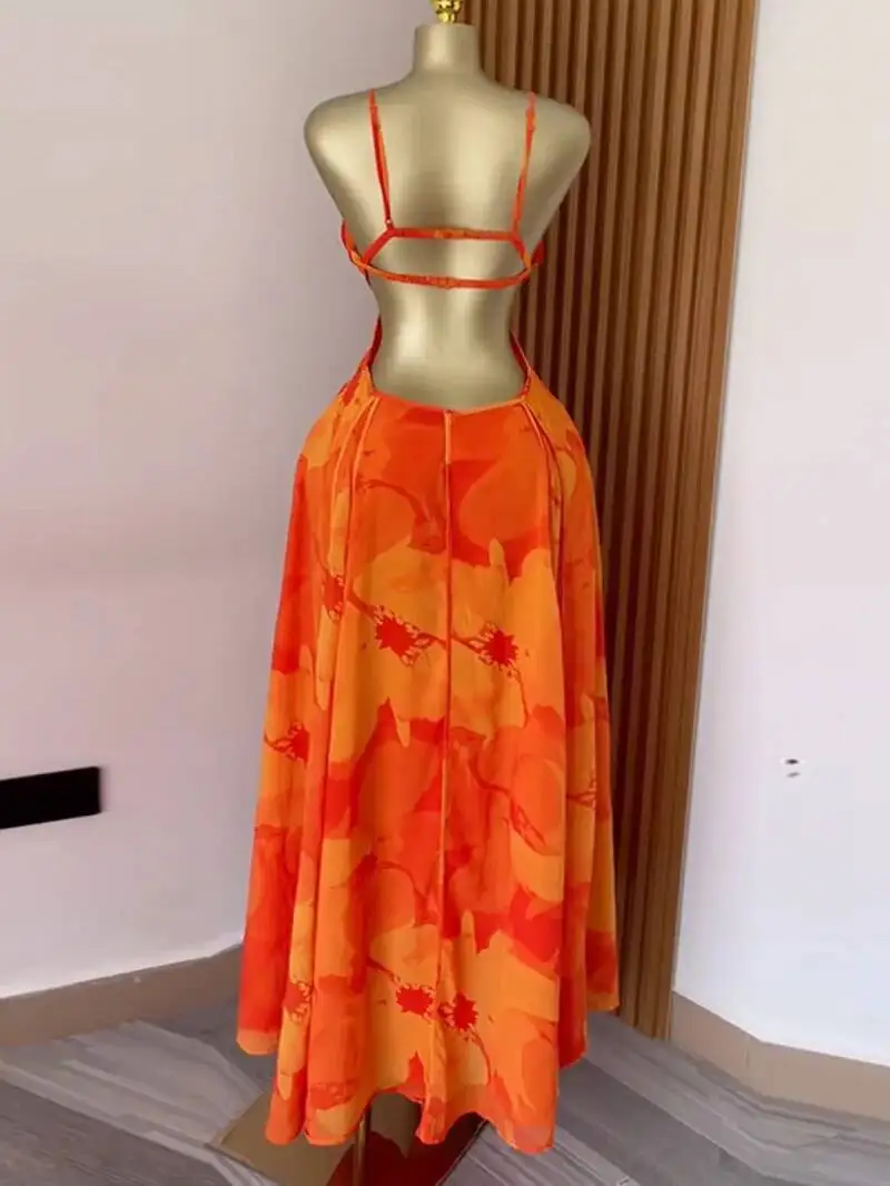 Frauen Floral Bedruckte Strap Backless Bh Vorne Große Schaukel Maxi Langes Kleid Vintage Sexy Club Party Abendkleider EWQ5