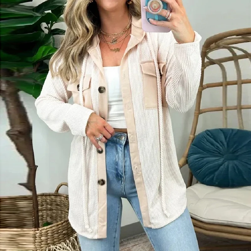 

Autumn Winter Fashion Patchwork Hooded Coats for Women Commuting Elegant Solid Color Buttons Cardigans Loose Streetwear Outwear