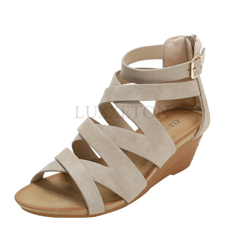 Strappy Wedges Sandals Women Summer Shoes Sandalias Mujer Fashion Gladiator Sandals Zipper Pu Leather Casual Beach Shoes