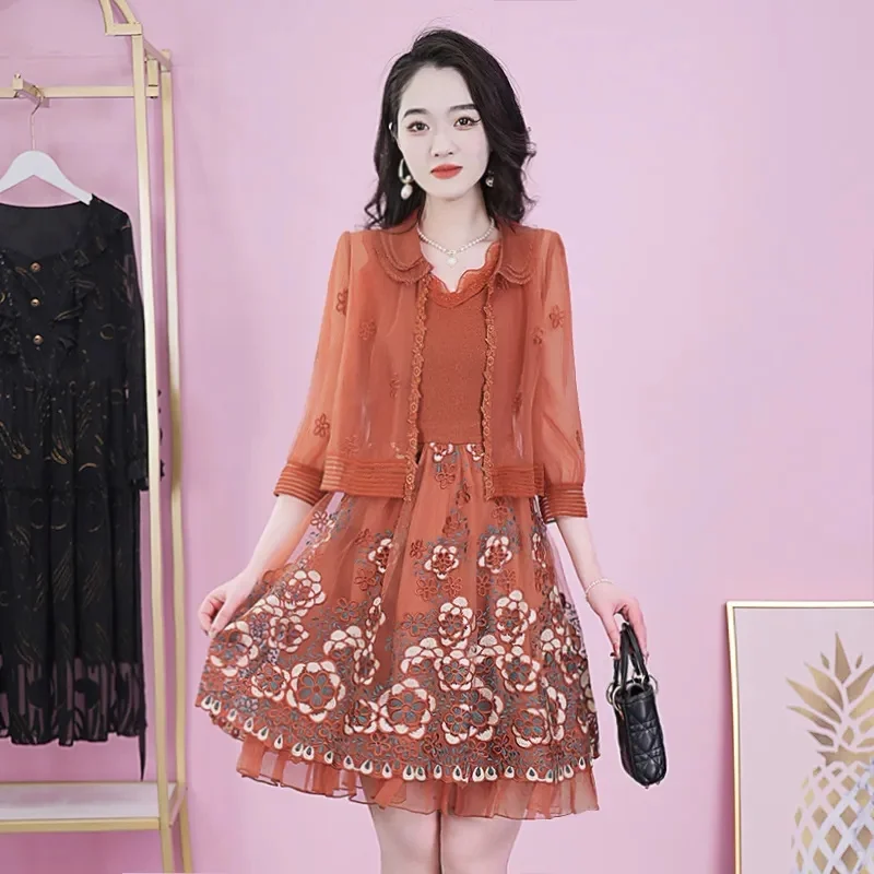 

Two-piece Gauze Embroidered Dress Female Spring/Summer 2023 New Fashion Slim Chiffon Floral Chiffon Set Skirt