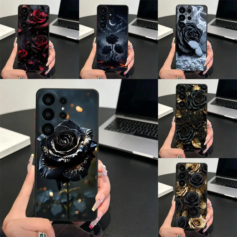 Funda Back Phone Cover Case for Samsung Galaxy S26 S25 Ultra S21 S20 FE S24 Plus S23 FE Note 20 Ultra 10+ S22 Black Darkly Rose