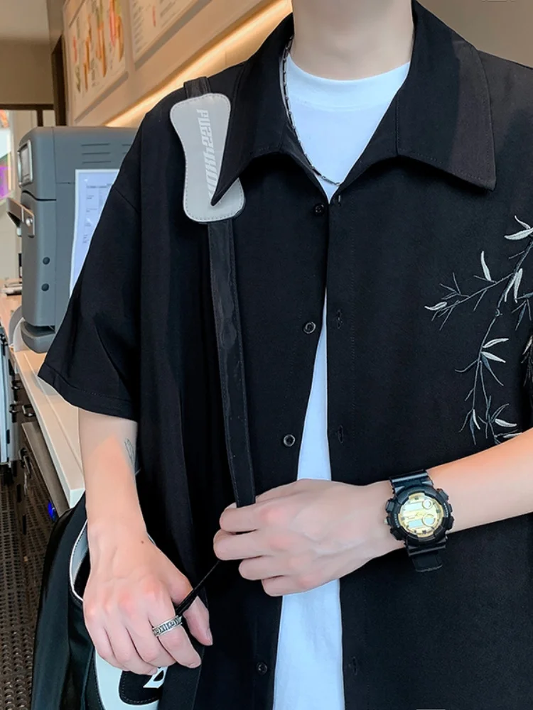 

Men's Short Sleeve Shirt Ice Silk Bamboo Embroidery New Chinese Style Summer Fashionable Loose Fit Button down Shirt