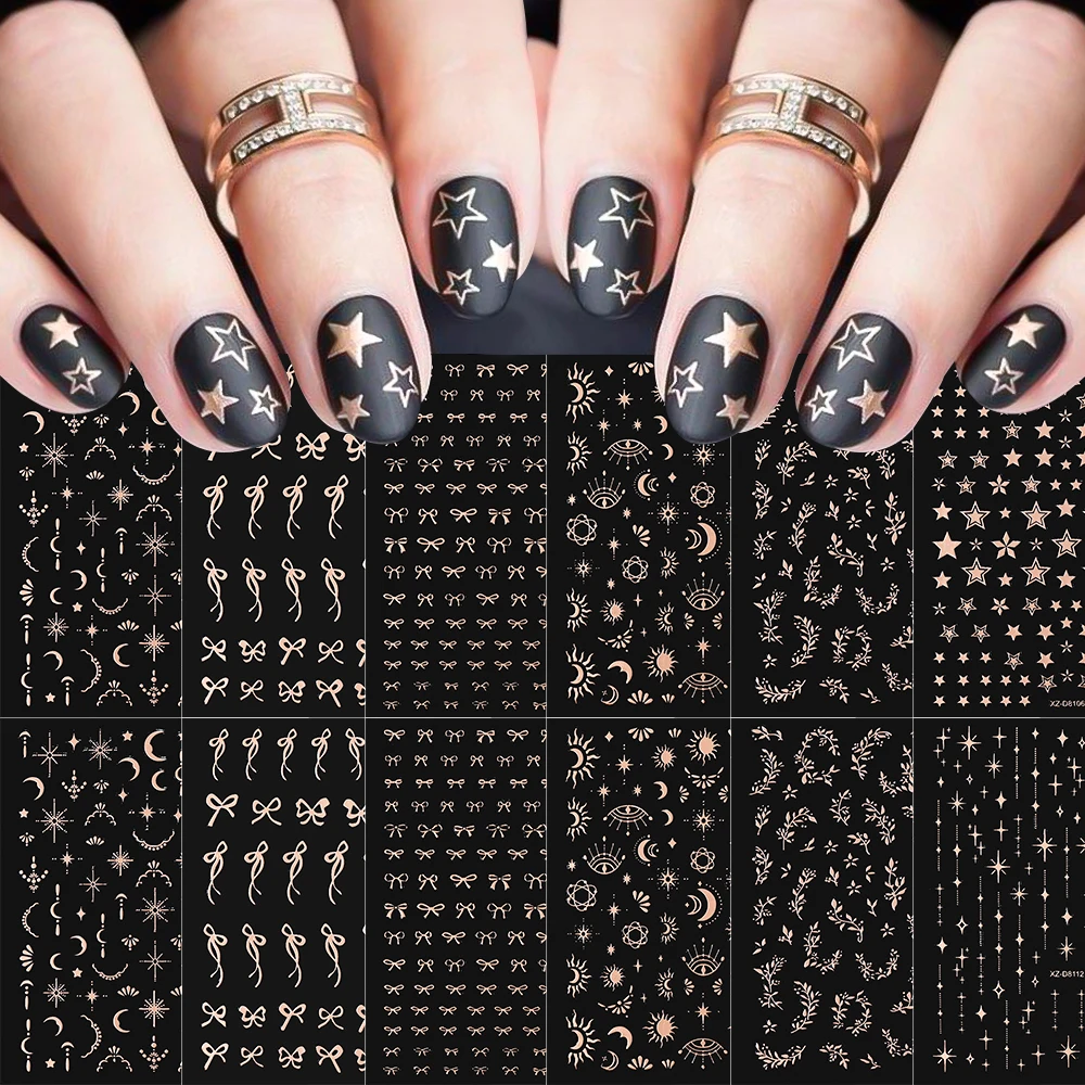 12 個 3D ローズゴールドスタームーンちょう結びネイルアートステッカーボヘミア太陽の葉自己粘着ネイルスライダー豪華なマニキュアデカール