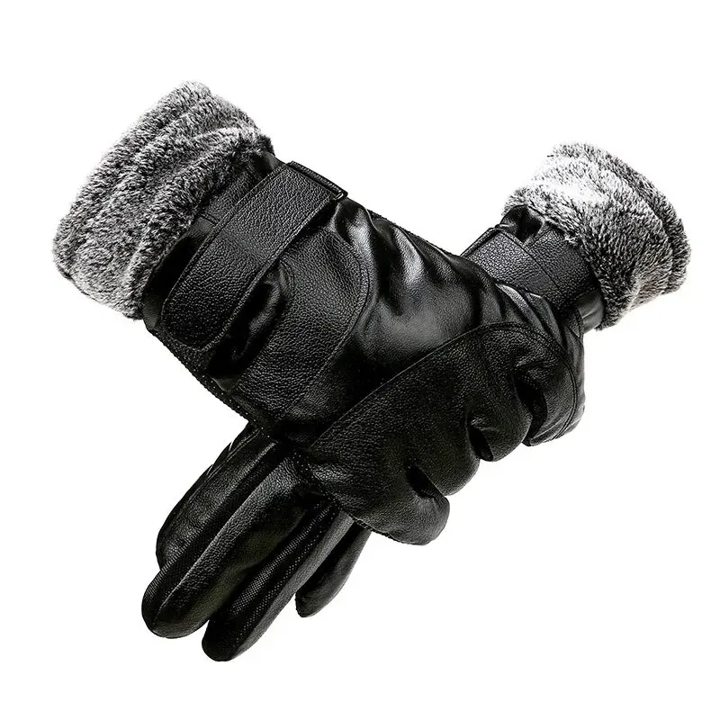 Leather Gloves Men\'s Winter Fleece Thickened Warm Touch Screen Windproof Waterproof Driving Motorcycle Riding Gloves Women\'s Win