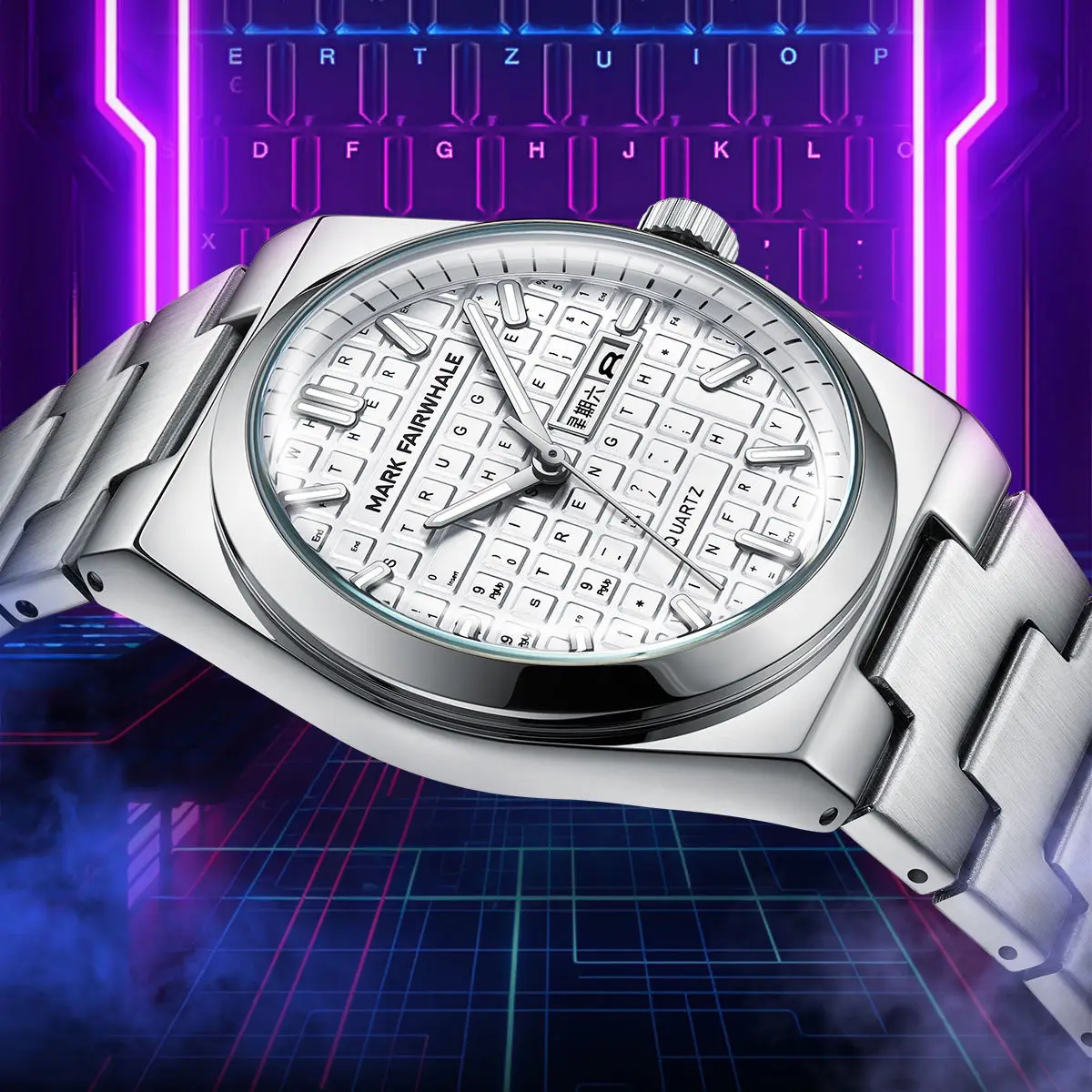 Mark fairwhale movimento de quartzo relógios moda teclado design dial semana luminosa à prova dwaterproof água calendário aço inoxidável homem relógio