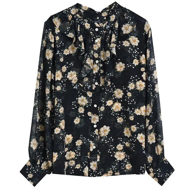 Temperament Floral Thin Blouse Long Sleeve Ruffles Chiffon Loose Printing Shirt Tops Elegant Vintage Women Clothing Summer New