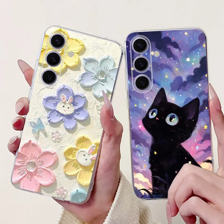 لسامسونج غالاكسي S24 5G S24FE أنيقة الأزهار القط الطباعة جراب هاتف لسامسونج S24 FE S 24 24FE لينة سيليكون بولي يوريثان حالات #2