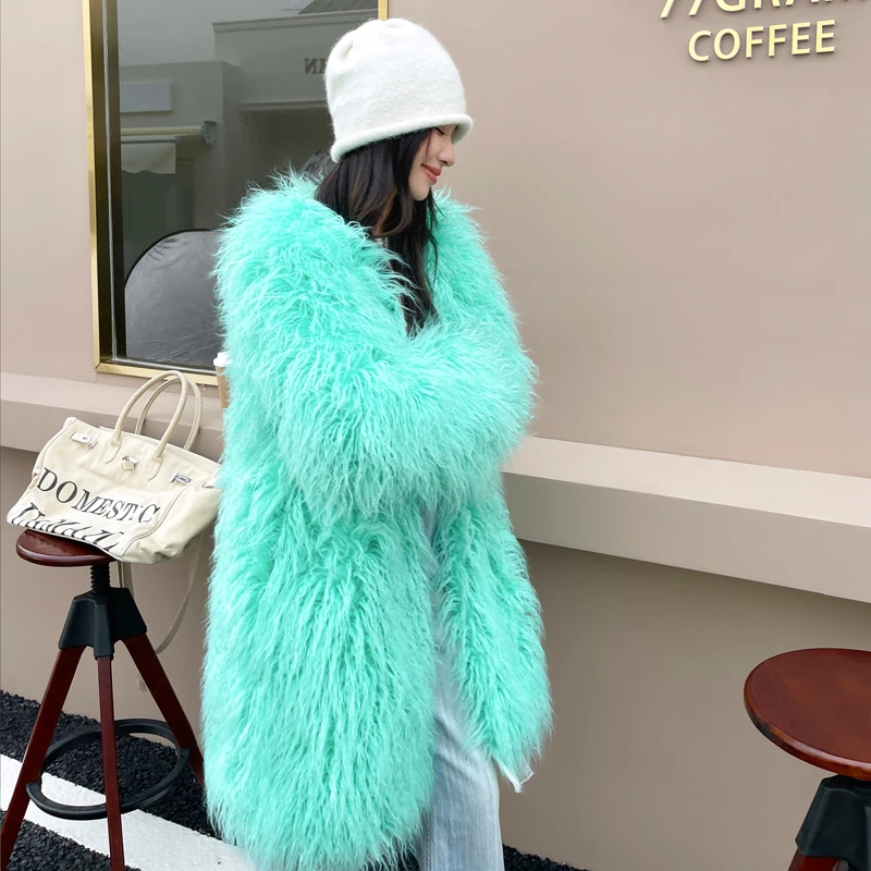 Female Light Green Faux Fur Coat Long Hair V-neck Long Jacket Lady Outerwear Women\'s Winter Coats Factory Direct Sales