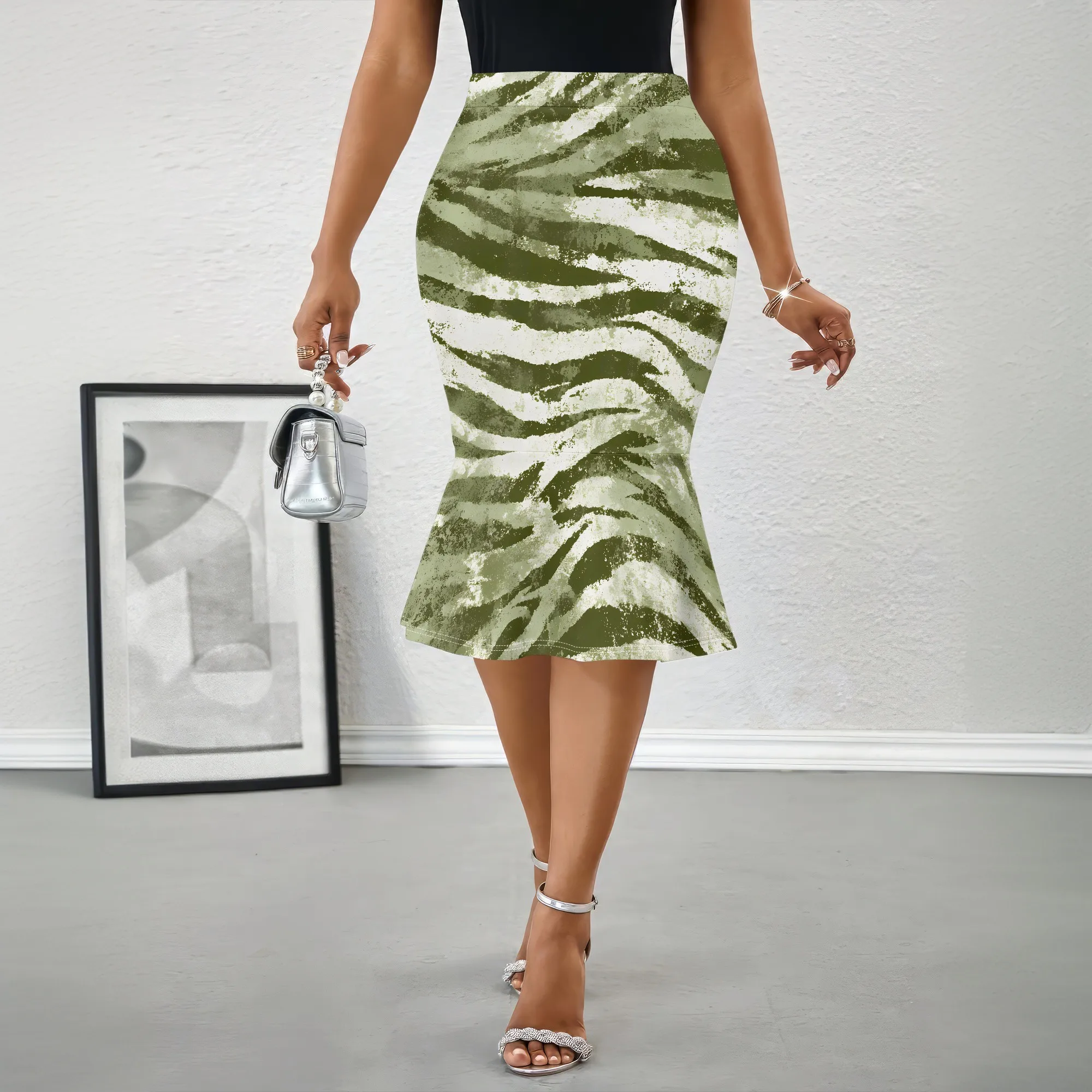 Green Zebra Print Skirt, High Waist Midi Skirt, Bodycon Pencil Skirt, Ruffle Hem A-Line Skirt for Women Party Club Wear S-2XL