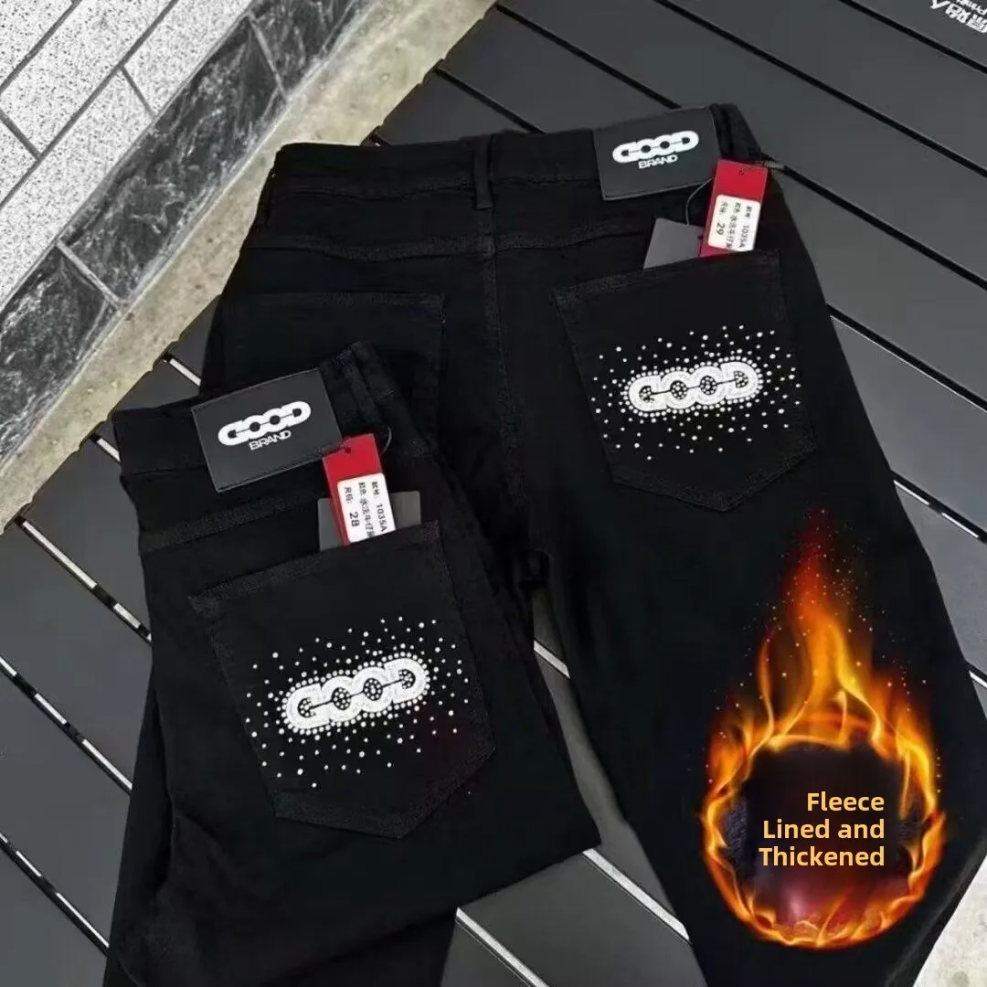 

Модные джинсы с камнями, эластичные, облегающие, мужские, на подкладке, длинные брюки, осень-зима, новинка, стильный бестселлер