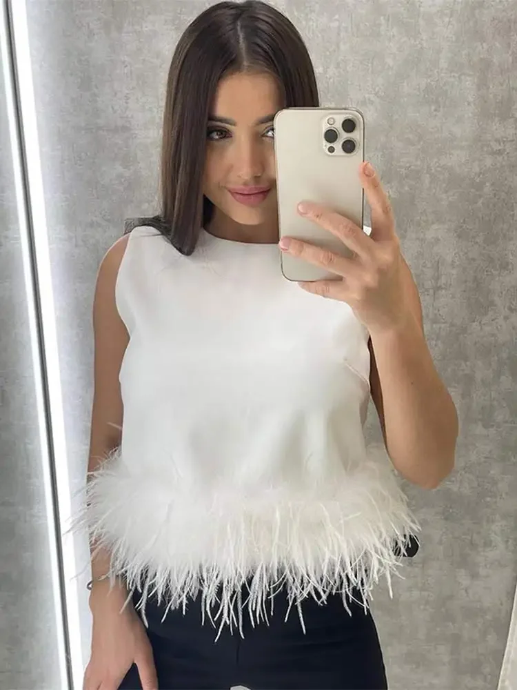 Fashion White Spliced Feathers Hem Cropped Vest Women Elegant O Neck Sleeveless Slim Tank Tops 2024 New Female High Streetwear