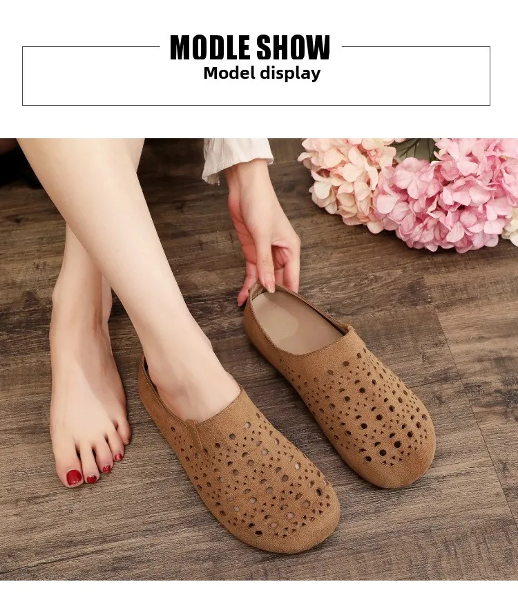 Damen-Mules mit Aussparungen, Clogs, Sommer, atmungsaktiv, geschlossene Zehenpartie, flache, rückenfreie Slipper, Wildleder, Slip-On, lässige Outdoor-Schuhe – Detail 7