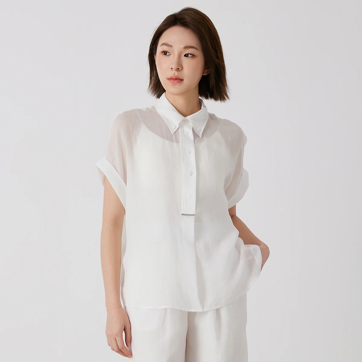 

K3133X Women's Polo Collar Short Sleeve Shirt High Quality Linen Blend Fashionable Casual Top for Ladies