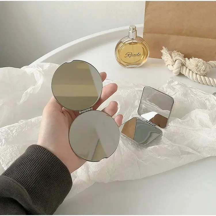 Ins Simple Sliver Stainless Steel Makeup Mirror Handheld Pocket Folding Double Side Mirror Cosmetics Make Up Mirror Small Mirror