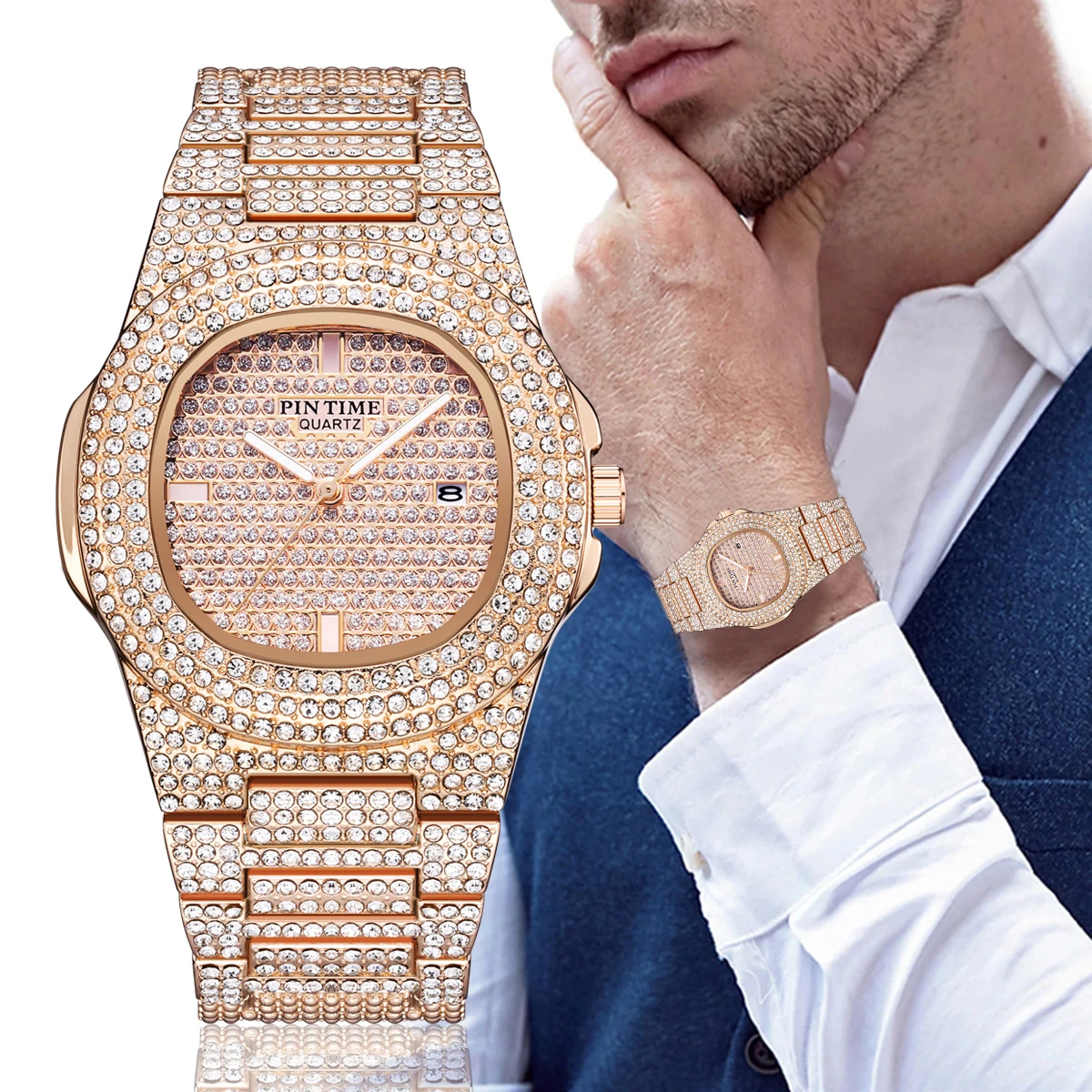 Droshipping Quartz Watches For Men Luxury Diamond Men's Watch Fashion Hip Hop Hand Clock Men Watches with Diamonds Wrist Watch