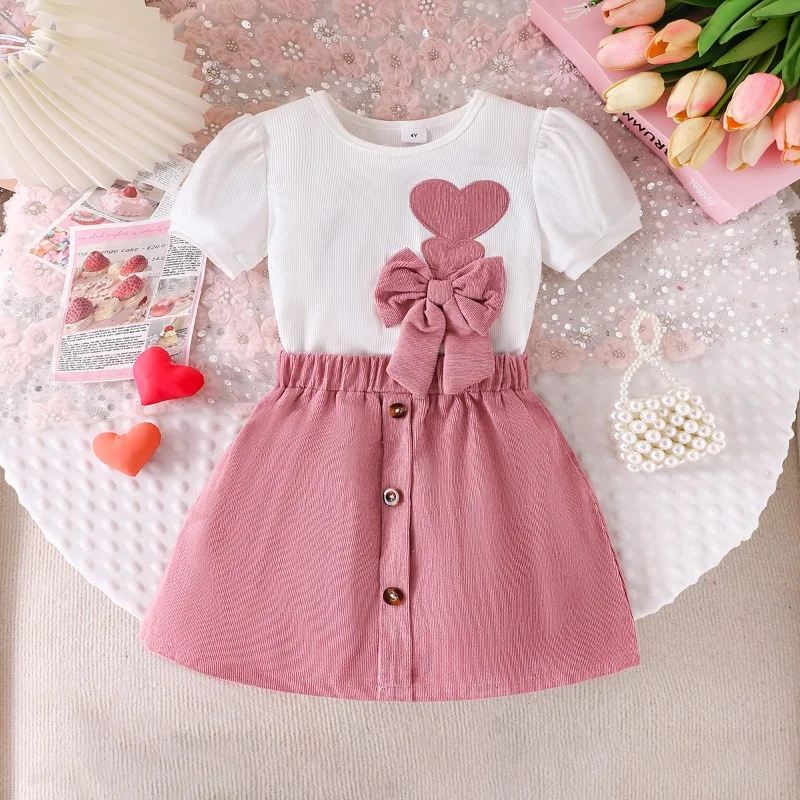 

European and American dress set pink cute 4-7Y girl children round neck pink bow height 100-140cm summer beach outdoor