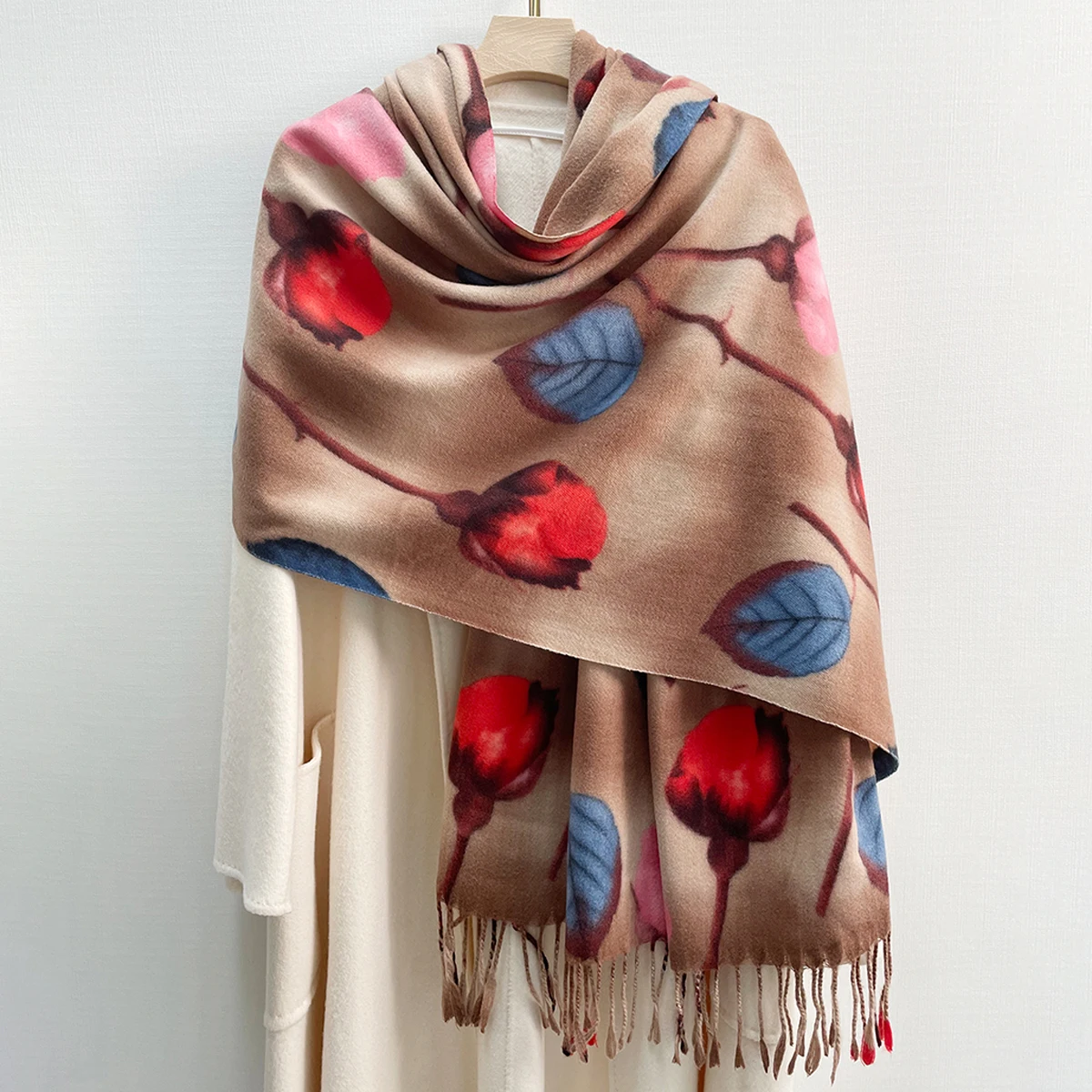 Red Tulip and Blue Leaves Printing Long Soft Scarves for Evening Dress Wedding Winter Warm Cashmere Feeling Retro Elegant Wraps