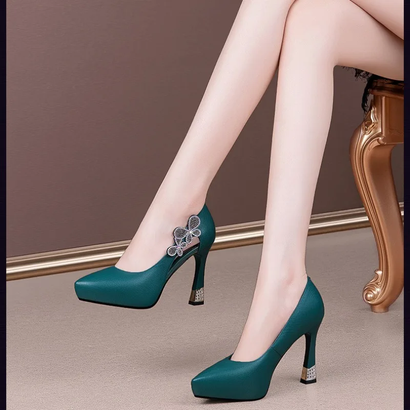 Waterproof platform fashion high heel single shoes women 2025 new rhine-drill thin heel pointed shallow mouth fashion shoes