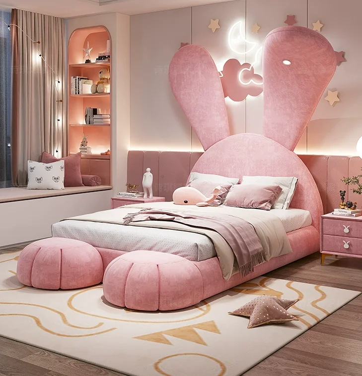 

#h forChildren's Bed Girl Princess Bed Solid Wood Little Boy Single Bedroom Rabbit Fabric Bed