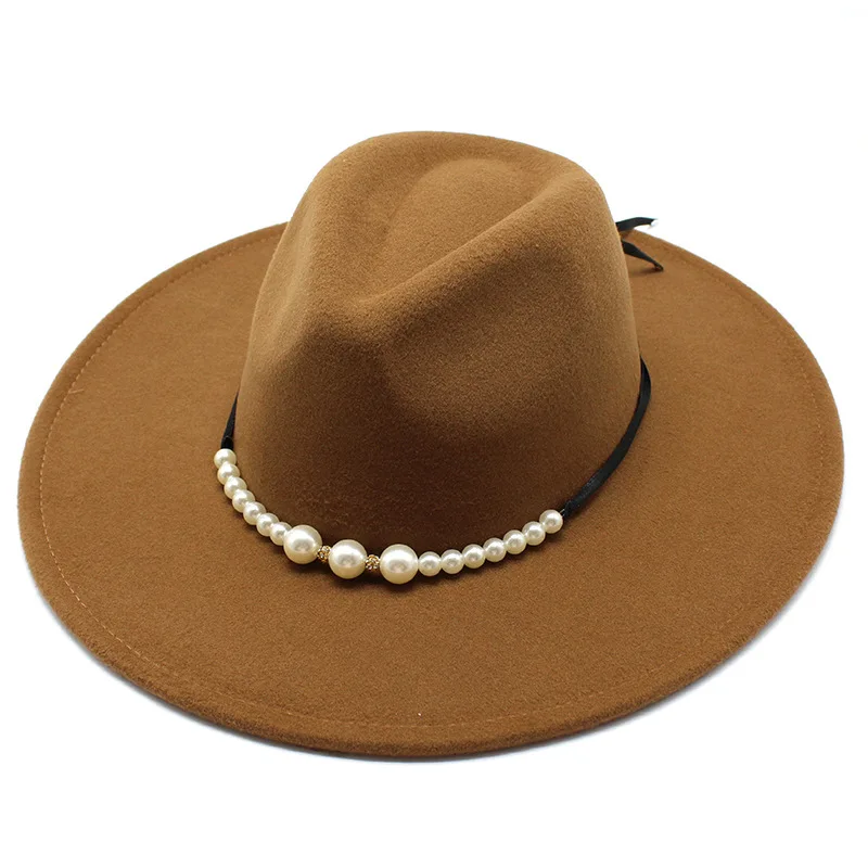 

European And American Style British Style Hat 9 5cm Wide Brim Hat Men And Women Autumn And Winter Warm Pearl Fedora Hat