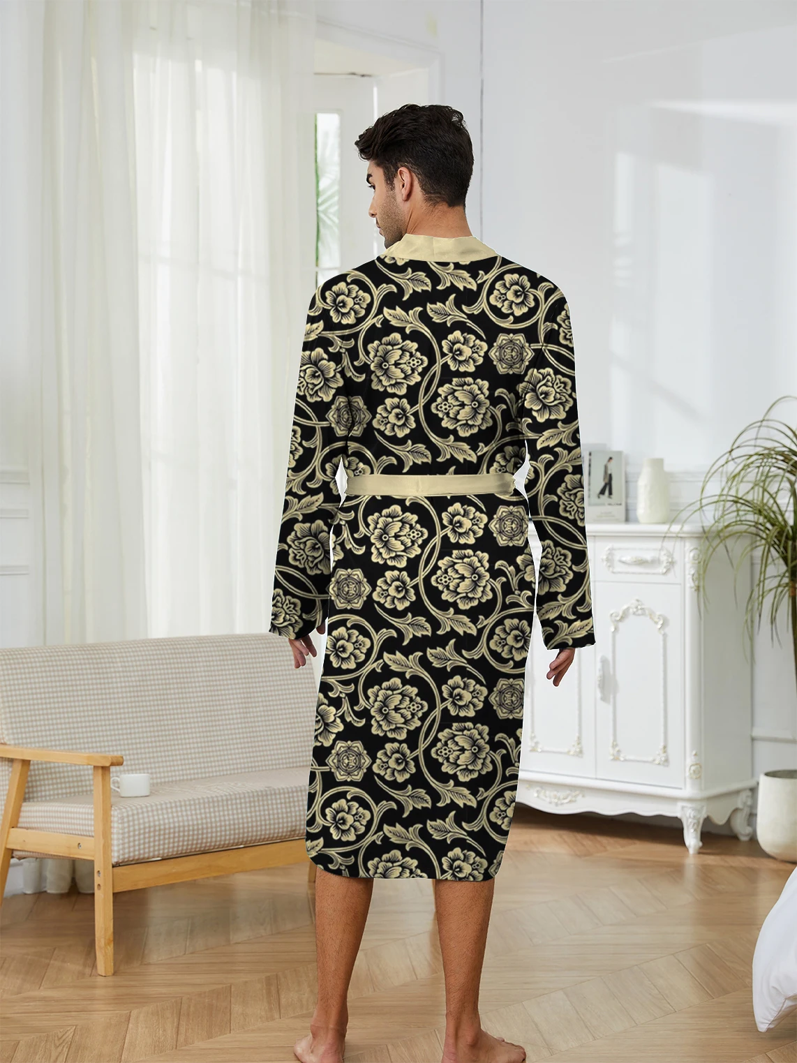 Trendy Spring and Autumn men's long robes, quick drying, casual entertainment, digital printing, fun pajamas, floral patterns.