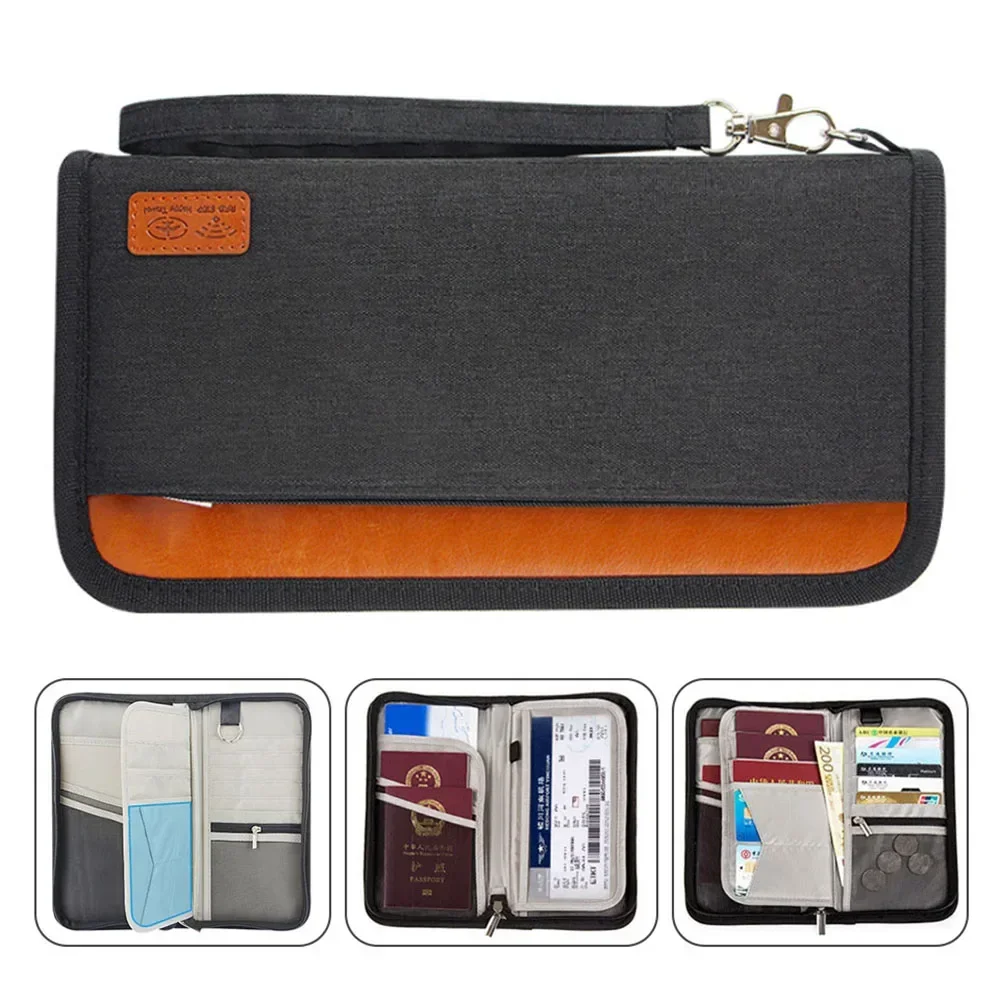 RFID Blocking Passport Holder, Travel Wallet, Ticket, Credit Card Bag, Multifunctional Zipper Wallet with Wrist Strap, Fashion