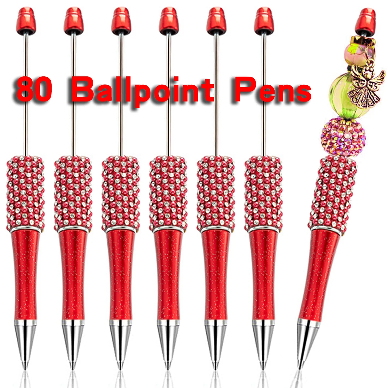 

80Pcs Red Diamond Bead Pen Wholesale Creative DIY Handmade Sticker Set Diamond Beaded Ballpoint Pens Advertising Gift Pen