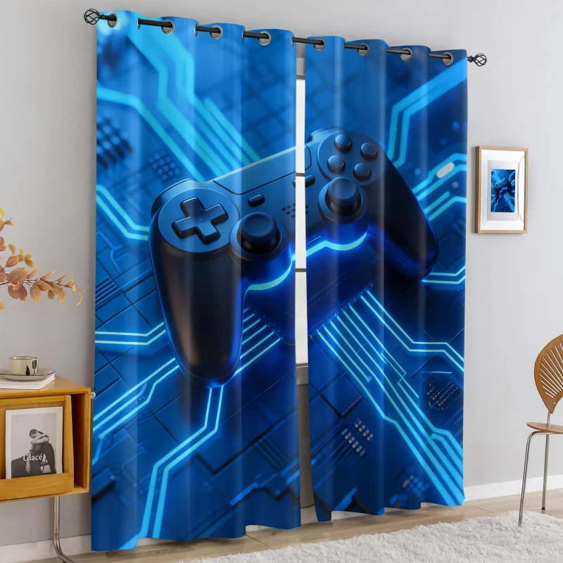 

2Pcs Blue Tech Circuit Gamepad Print Perforated Blackout Curtains, Multi Size Game Room Bedroom Teen Room Insulation Decoration