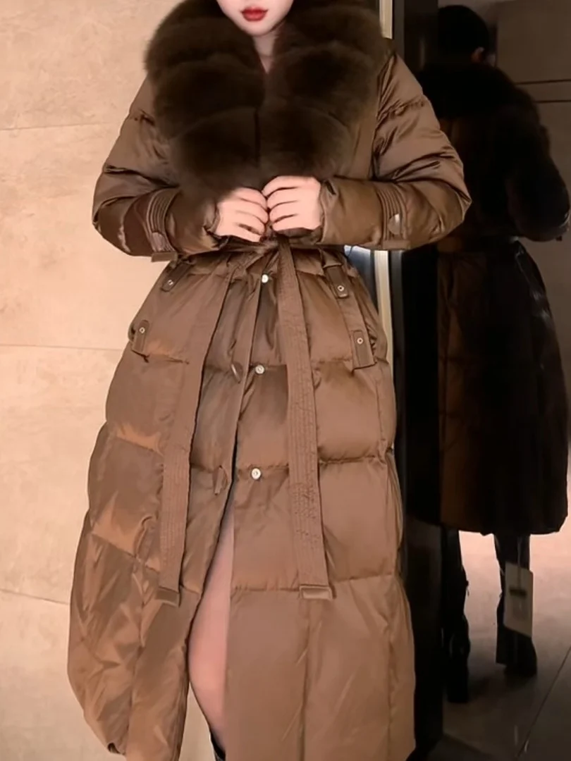 

Spring 2026 Luxury Thickened Long Women's down Jacket with Large Fur Collar Waist-Cinching Warmth High-End Feel Fashionable
